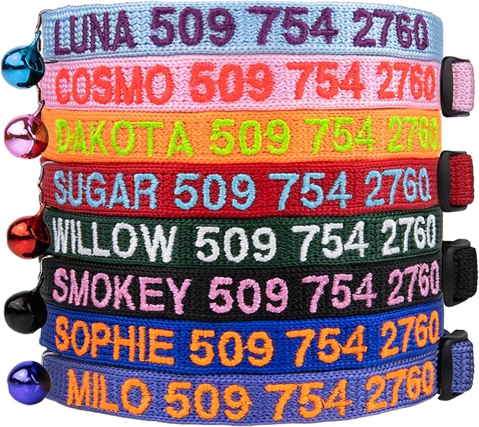 GoTags Personalized Cat Collars with Breakaway Safety Release Buckle, Custom Embroidered Cat Collar with Pet Name and Phone Number, Adjustable Nylon ID Collar with Bell for Cat or Kitten (Pack of 1)