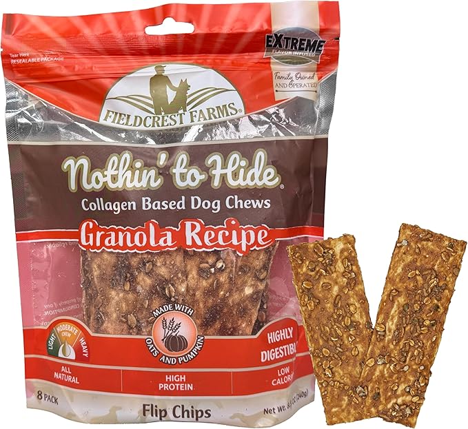 Fieldcrest Farms Nothin to Hide Flip Chips Dog Chews - Natural Rawhide Alternative Treats for Dogs, Collagen Based Snack for Moderate Chewers Up to 35lbs, Granola Flavor