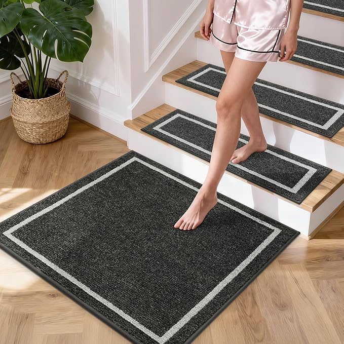 COSY HOMEER Stair Landing Rug 30x30 Inch, Non-Slip Square Landing Mat for Wood Steps Indoor, Washable Polyester with TPE Backing, Black