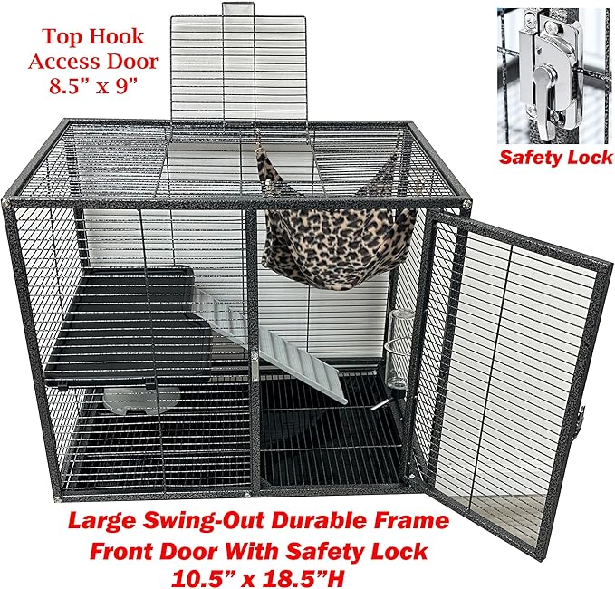 2-Floors Large Ferret Hammock Chinchilla Guinea Pig Rabbit Mouse Small Animal Critter Home Rolling Cage Tight 1/2-inch Bar Spacing Easy Clean Pull Out Tray Storage Shelf On Wheels