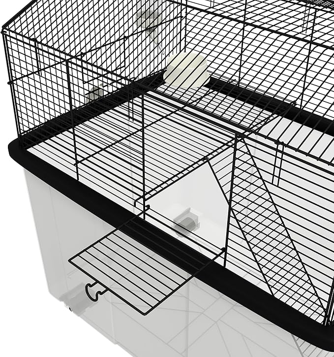 PawHut Hamster Cage, Gerbil Cage 2 Tier with Wheels, Deep Bottom, Ramp, Food Dish, Water Bottle, for Dwarf Hamster, 57 x 43 x 57cm - Black