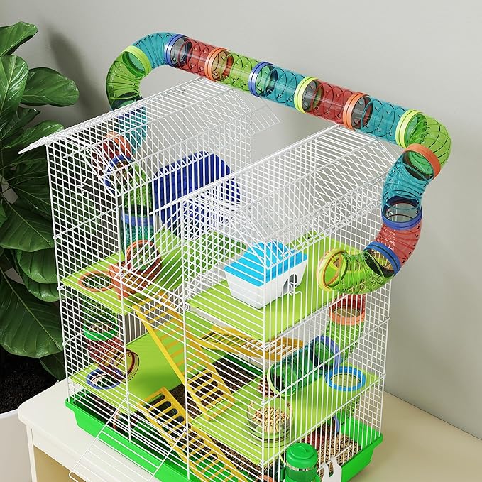 PawHut 18.5" 5 Tier Hamster Cage with Tubes and Tunnels, Small Animal Cage, Rat Gerbil Cage with Water Bottle, Food Dish, Exercise Wheel, Green