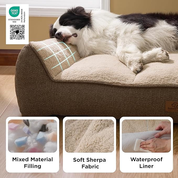 Bedsure SupportMax™ Orthopedic Dog Bed Medium Size Dog - As Seen on TV Extra Thick Supportive Medium Dogs Beds with Waterproof Washable Cover, Comfort Pet Bed Sofa with Soft Sherpa, Brown, 35"