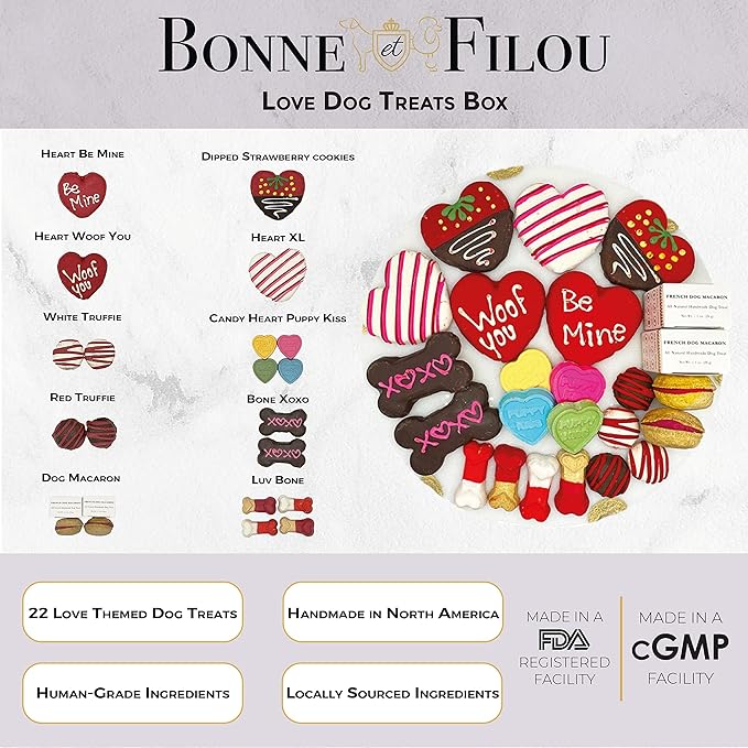 Bonne et Filou Valentine Dog Treats, Gift Box of 22 Luxury Macarons, Truffles & Bone Cookies, Healthy & Delicious Snacks for Medium to Large Dogs