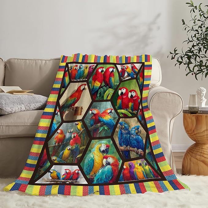 Parrot Bird Throw Blanket Macaw Stuff Gifts for Kids Girls Boys Adults Women Men Soft Cozy Warm Plush Fluffy Fuzzy Fleece Blanket Decor 50''X60''