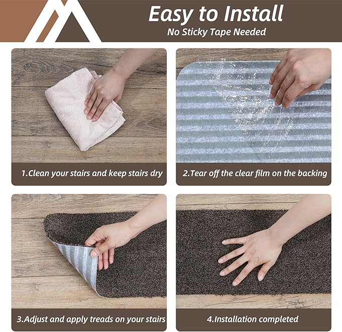 COSY HOMEER Stair Treads Non-Slip 15pcs Carpet Mat 28inX9in Indoor Stair Runners for Wooden Steps, Stair Rugs for Kids and Dogs, 100% Polyester TPE Backing Brown Protect Floor