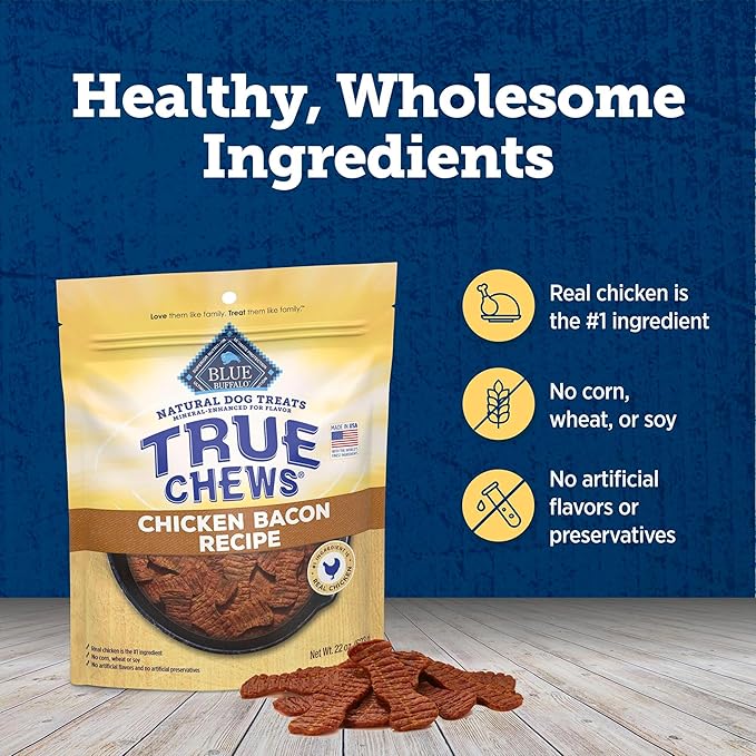 Blue Buffalo True Chews Dog Treats, Made in the USA with Natural Ingredients, Chicken Bacon Recipe, 12-oz Bag