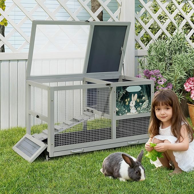 COZIWOW 36.5-Inch Double-Decker Wooden Rabbit Hutch with Wheels, Featuring A Cleaning Tray and Ladder—Stylish and Easy to Assemble（Grey and Pattern）