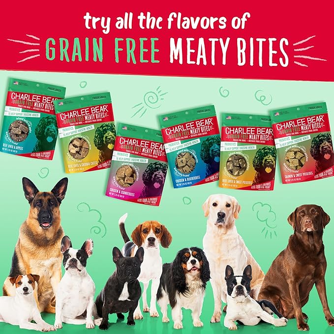 Charlee Bear Grain Free Meaty Bites Freeze Dried Dog Treats with Probiotics, Puppy Training Snacks, Soft Dog Bites Variety Pack, 2.25 oz Bags (5), Made USA