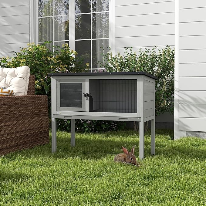 PawHut Elevated Wooden Rabbit Hutch, Indoor/Outdoor Bunny Cage with Hinged Asphalt Roof and Removable Tray for Guinea Pig, Gray