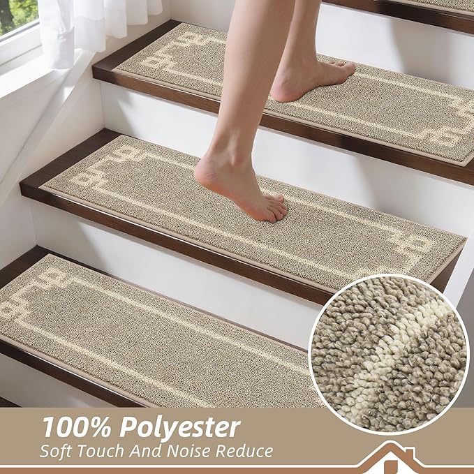 BEQHAUSE Stair Treads for Wooden Steps Non Slip Washable Carpet Stair Treads with Reusable Residue Free Backing Soft Polyester Stair Rugs Indoor for Kids Elders and Dogs 9”x28”,4pcs,Taupe