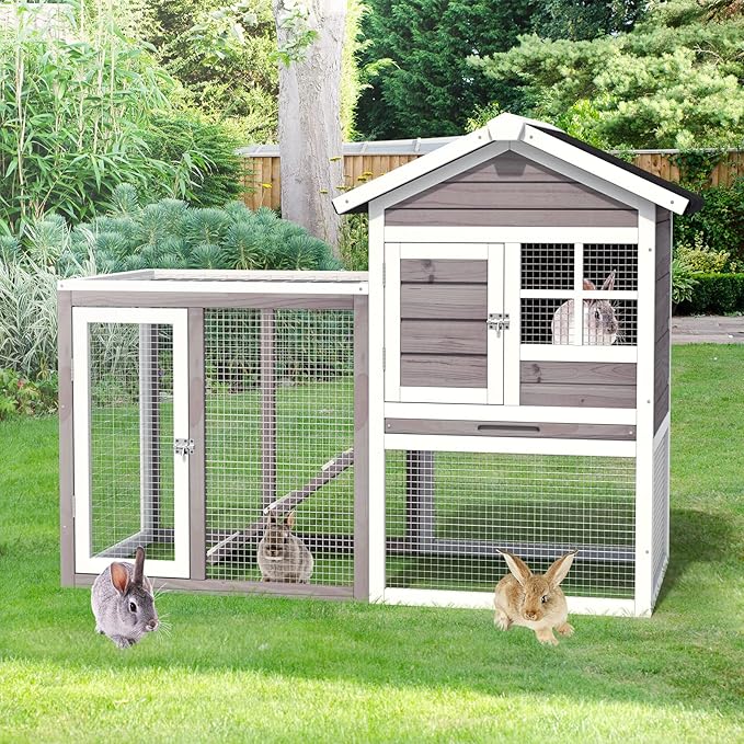 PETSITE Rabbit Hutch, 48.5" Wooden Chicken Coop with Roof & Tray, Bunny Cage Indoor Outdoor, Guinea Pig Pet House for Small Animals, Grey