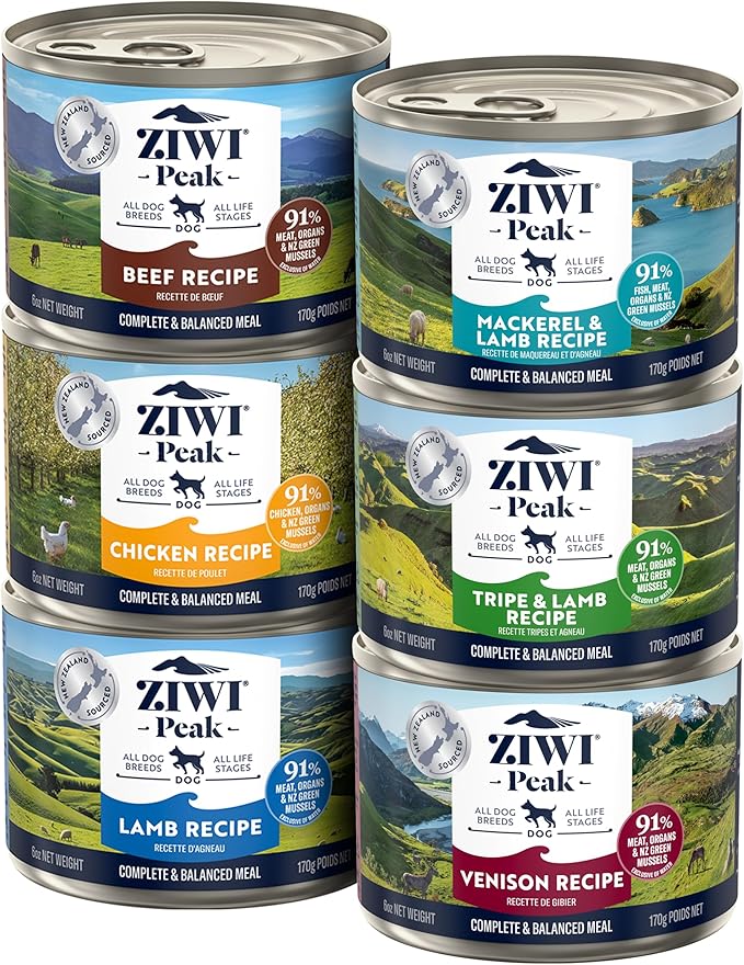 ZIWI Peak Wet Dog Food Variety Pack - Beef, Chicken, Lamb, Mackerel, Tripe, Venison, 6 Pack (6oz Each)