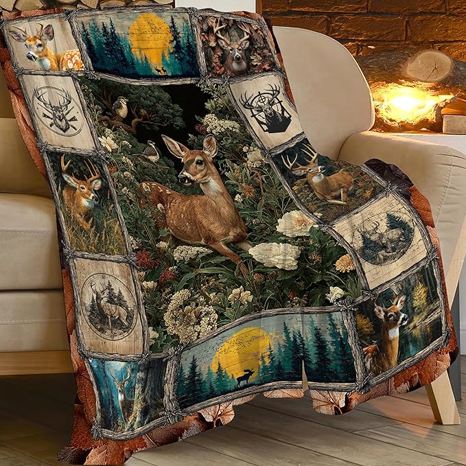 Deer Throw Blanket Hunting Deer Elk Stuff Gifts for Kids Girls Boys Adults Women Men Soft Cozy Warm Plush Fluffy Fuzzy Fleece Blanket Decor 50''X60''