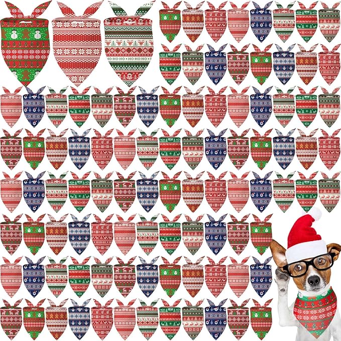 Shyyween 100 Pcs Christmas Dog Bandanas Bulk Xmas Sweater Designs Bandanas Soft Triangle Bibs Adjustable Scarf for Small Medium Large Pets