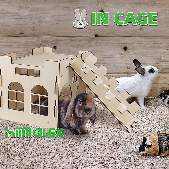 HIIMALEX Extra Large Sturdy Bunny Hideout Wooden Rabbit Castle with Ramp Indoor House Habitat for Rabbits Hamsters Guinea Pigs Ferrets Bunnies