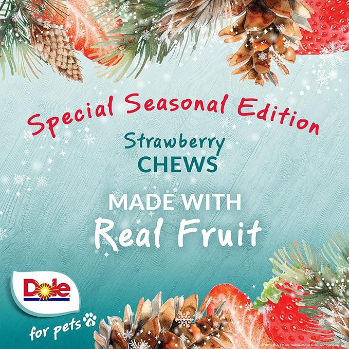 Dole for Pets Snowy Strawberry Dog Chews, Strawberry Flavored Treats with Real Fruit Powders, Vegan Plant-Based, No Wheat Corn Soy or Artificial Colors Flavors Preservatives, 7 Oz Bag