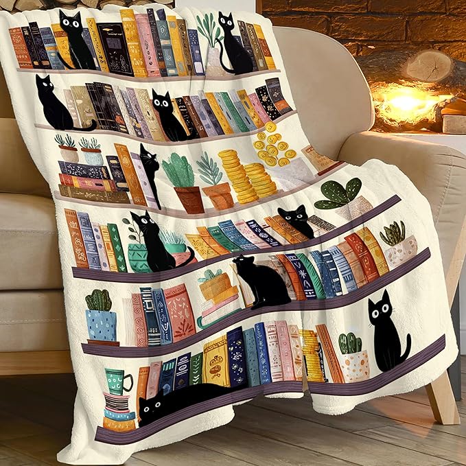 Black Cat Throw Blanket Book Cat Bookshelf Stuff Gifts for Kids Girls Boys Adults Women Men Soft Cozy Warm Plush Fluffy Fuzzy Fleece Blanket Decor 40''X50''