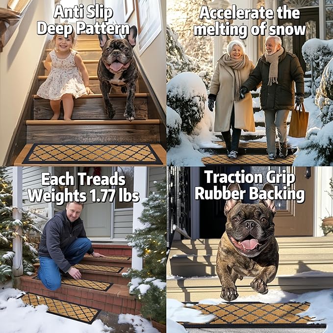 Aucuda 6pcs 8.5" x 30" Stair Treads Outdoor for Elders and Dogs on Wooden Steps, Non Slip Stair Runner Rug Heat Insulation Rubber Backing, Brown Lattice Staircase Mat Carpet for Indoor Grip Farmhouse.