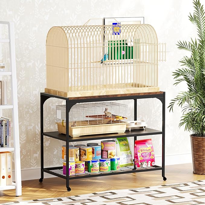 3-Tier Mobile Small Animal Cage Stand with Wood Tabletop, Lockable Caster Wheels, Storage Shelves for Small Animal Habitat for Hamster, Rabbit, Guinea Pig, Furniture Style Design