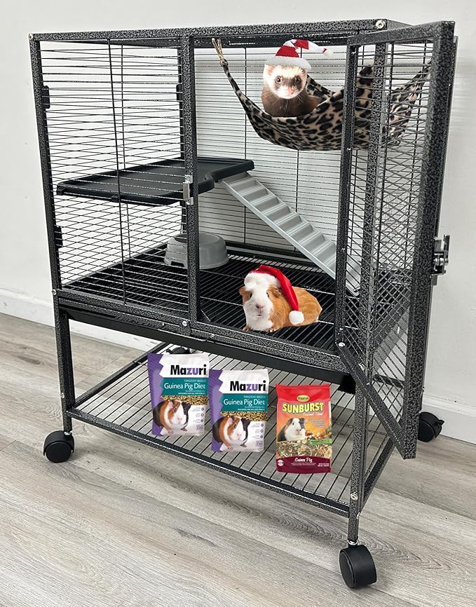 2-Floors Large Ferret Hammock Chinchilla Guinea Pig Rabbit Mouse Small Animal Critter Home Rolling Cage Tight 1/2-inch Bar Spacing Easy Clean Pull Out Tray Storage Shelf On Wheels
