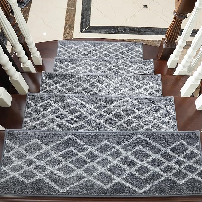 COSY HOMEER Soft Stair Treads Non-Slip Carpet Mat 28inX9in Indoor Stair Runners for Wooden Steps,Stair Rugs for Kids and Dogs, 100% Polyester TPE Backing 7pcs,Grey,Rhombus