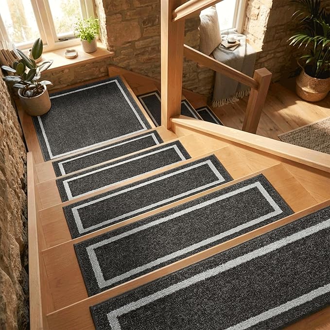 COSY HOMEER Soft Stair Treads Non-Slip Carpet Mat 28inX9in Indoor Stair Runners for Wooden Steps,Stair Rugs for Kids and Dogs, 100% Polyester TPE Backing 7pcs,Black