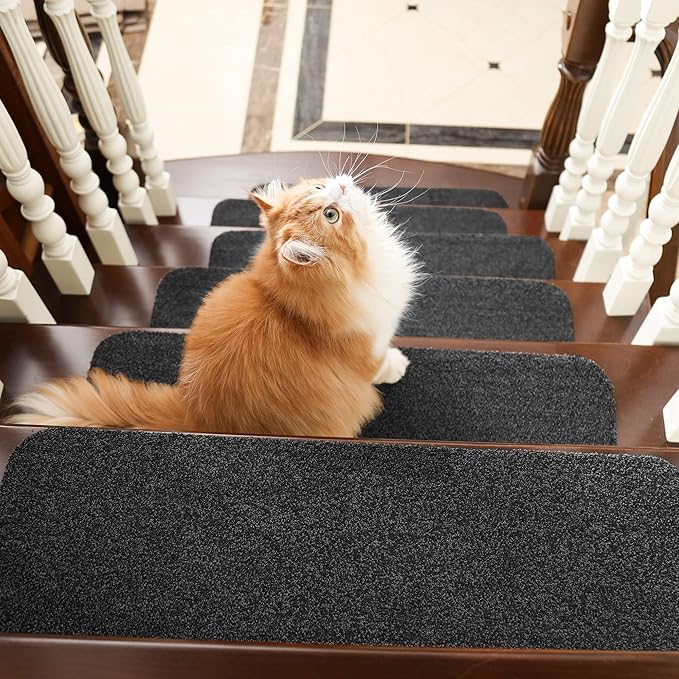 COSY HOMEER Stair Treads Non-Slip Carpet Mat 28inX9in Indoor Stair Runners for Wooden Steps, Stair Rugs for Kids and Dogs, 100% Polyester TPE Backing 7pcs,Black,Protect Floor