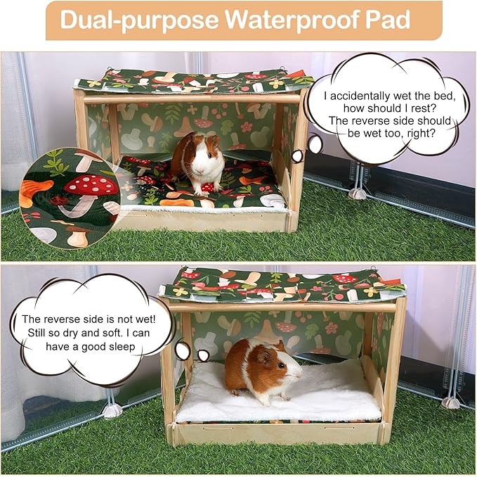 Glittme Guinea Pig Hideout, Wooden Guinea Pig Bed with Waterproof Mat, Durable Rabbit Bed with Door Curtain for Guinea Pig, Rabbit, Ferret, Squirrel, Bunny