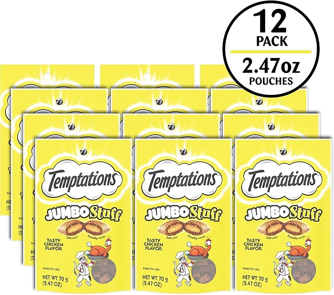 Temptations Jumbo Stuffed Cat Treats, Crunchy and Soft Cat Treats, Tasty Chicken Flavor, 2.5 oz. Pouch (Pack of 12)