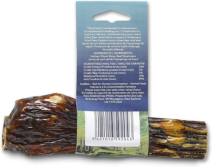 ZIWI Venison Deer Half Shank – 2-in-1 Dog Bone Chew Treat Wrapped in Beef Esophagus - All Natural, Air-Dried (2.5oz)
