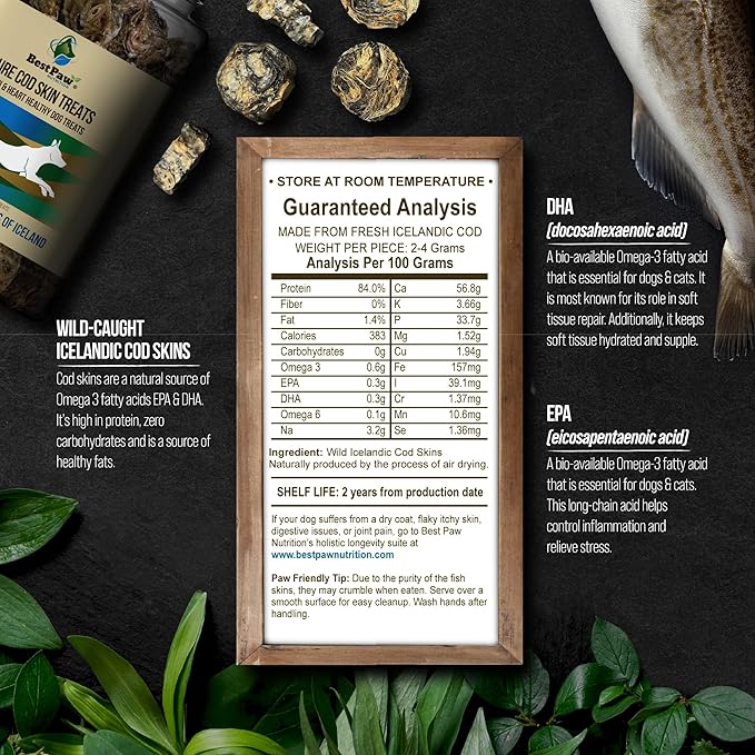 Best Paw Nutrition Wild Caught Fish Treats Icelandic Pure Cod Skins Reward Protein Snacks Rich in EPA & DHA K9 Brain Heart Skin & Coat Health Crunchy Dental Treats
