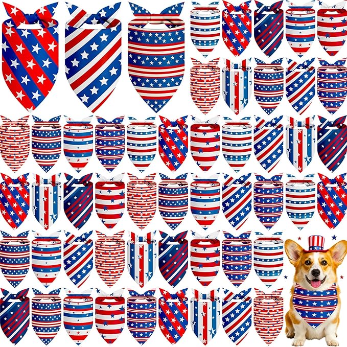 Weewooday 50 Pcs 4th of July Dog Bandanas Bulk for Patriotic American Striped Star Red White and Blue Independence Day Flag Scarf for Small Medium Large Outfit(Striped Star, 25.6 x 17.7 x 17.7 Inch)