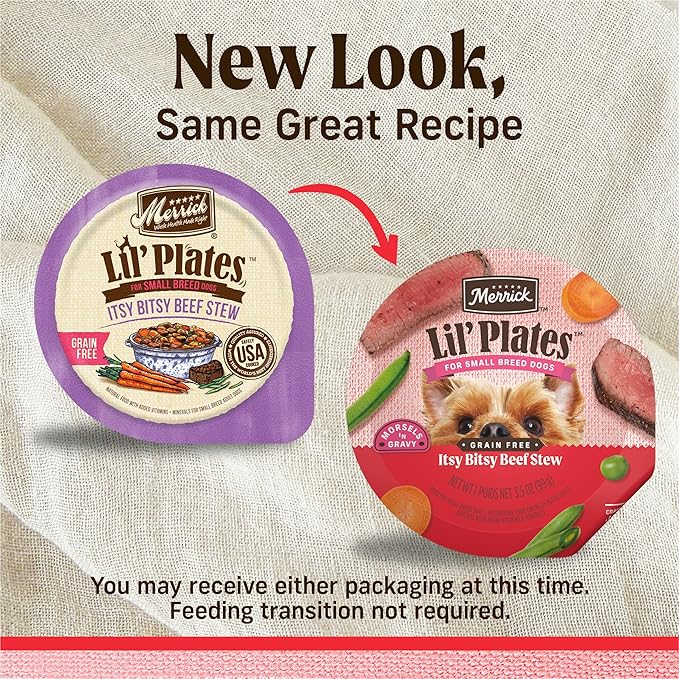 Merrick Lil’ Plates Grain-Free Wet Dog Food for Small Dogs Itsy Bitsy Beef Stew Recipe with Real Beef, 3.5 oz. Tub