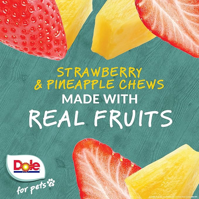 Dole for Pets Dog Chews, Assorted Strawberry + Pineapple Fruit-Flavored Treats, Real Fruit Flavor, No Artificial Colors Flavors or Preservatives, No Wheat Corn Soy, 7.05 Oz Bag