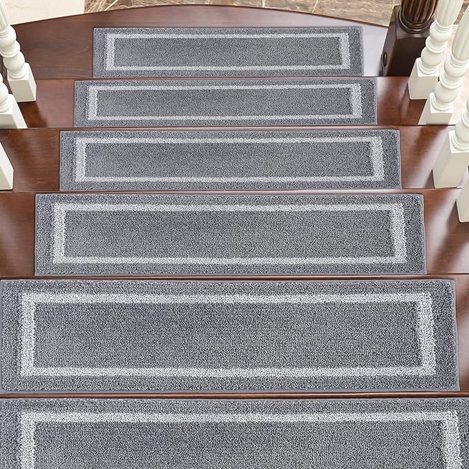 COSY HOMEER Soft Stair Treads Non-Slip Carpet Mat 28inX9in Indoor Stair Runners for Wooden Steps, Stair Rugs for Kids and Dogs, 100% Polyester TPE Backing 4pcs, Grey