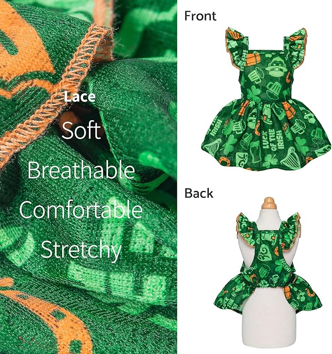 Fitwarm St Patricks Day Ruffle Dog Dress, Lucky Dog Clothes for Small Dogs Girl, Funny Pet Outfit, Green, Orange, XXS