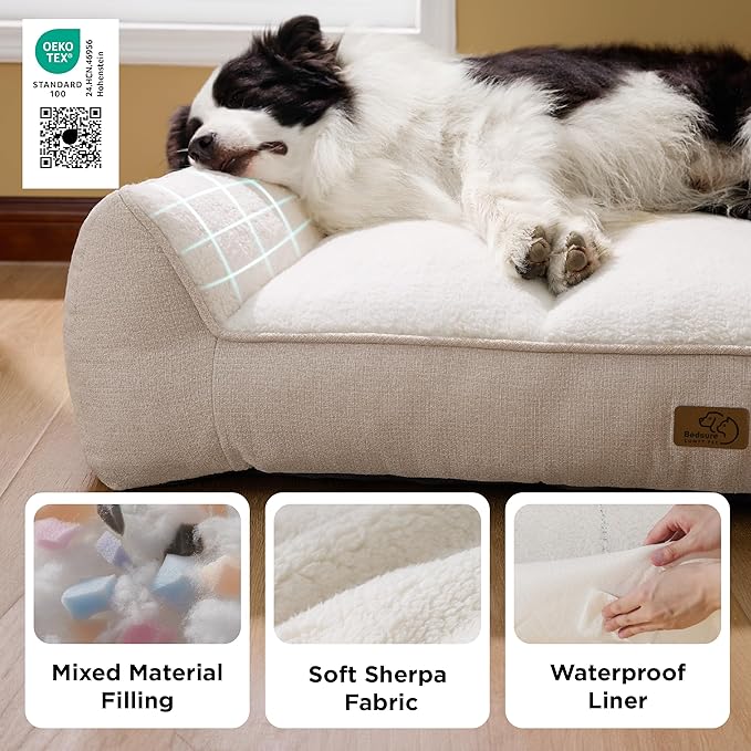 Bedsure SupportMax™ Orthopedic Dog Bed Medium Size Dog - As Seen on TV Extra Thick Supportive Medium Dogs Beds with Waterproof Washable Cover, Comfort Pet Bed Sofa with Soft Sherpa, Beige, 35"