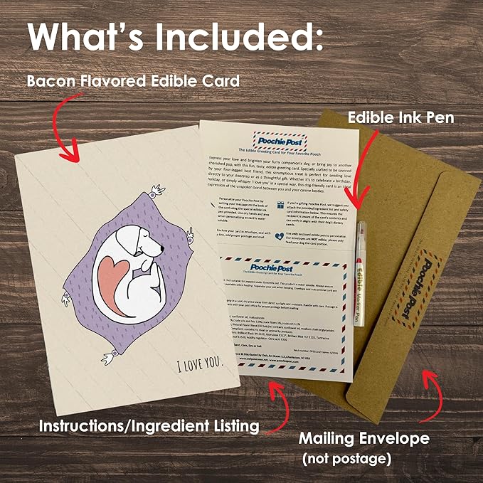 Poochie Post Edible Greeting Card for Dogs, Bacon-Flavored Dog Treat Gift with Edible Ink Pen, "I Love You" Design, Gluten & Grain Free, Made in USA