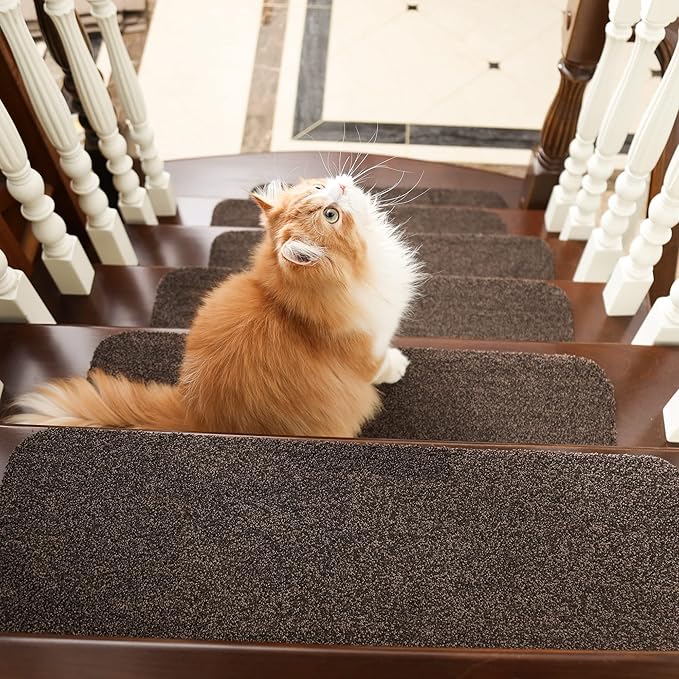 COSY HOMEER Stair Treads Non-Slip Carpet Mat 28inX9in Indoor Stair Runners for Wooden Steps, Stair Rugs for Kids and Dogs, 100% Polyester TPE Backing 7pcs,Brown,Protect Floor