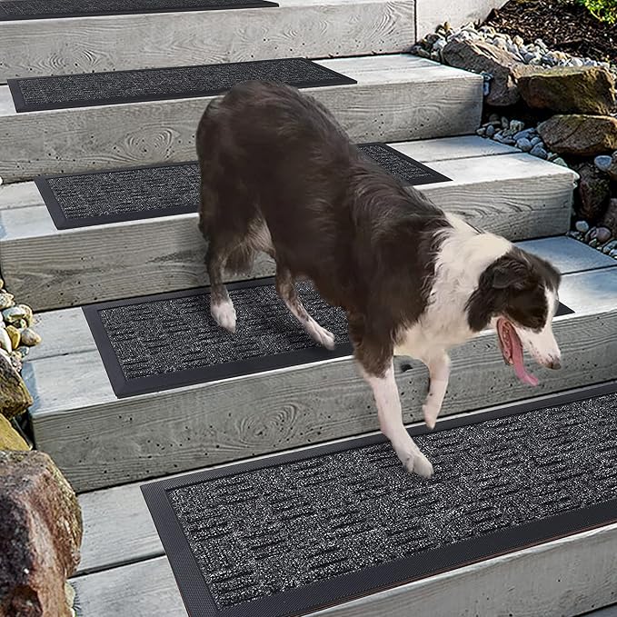 Aucuda 2pcs 8.5" x 30" Stair Treads Outdoor for Elders and Dogs on Wooden Steps, Non Slip Stair Runner Rug Heat Insulation Rubber Backing, Gray Staircase Mat Carpet for Indoor Grip Farmhouse.
