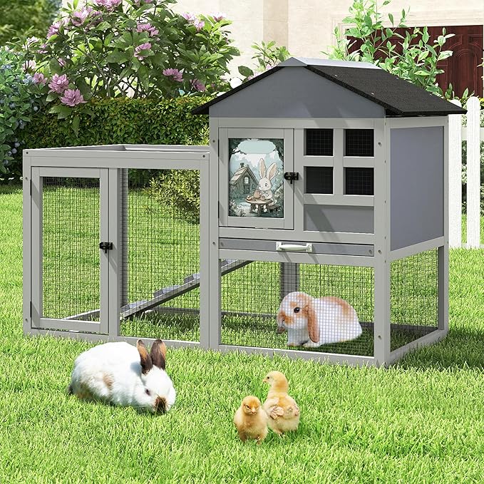 48" L Large Rabbit Hutch Outdoor Indoor, Expandable 2-Story Wooden Bunny Cage with Run, Removale Tray, 3 Entrances, Grey&Air Purifier