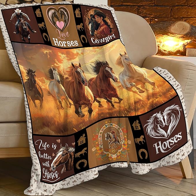 Horse Blanket Horse Throw Blanket Gifts for Kids Girls Boys Adults Women Man Super Soft Cozy Plush Fluffy Fuzzy Fleece Blanket Decor 60''X80''