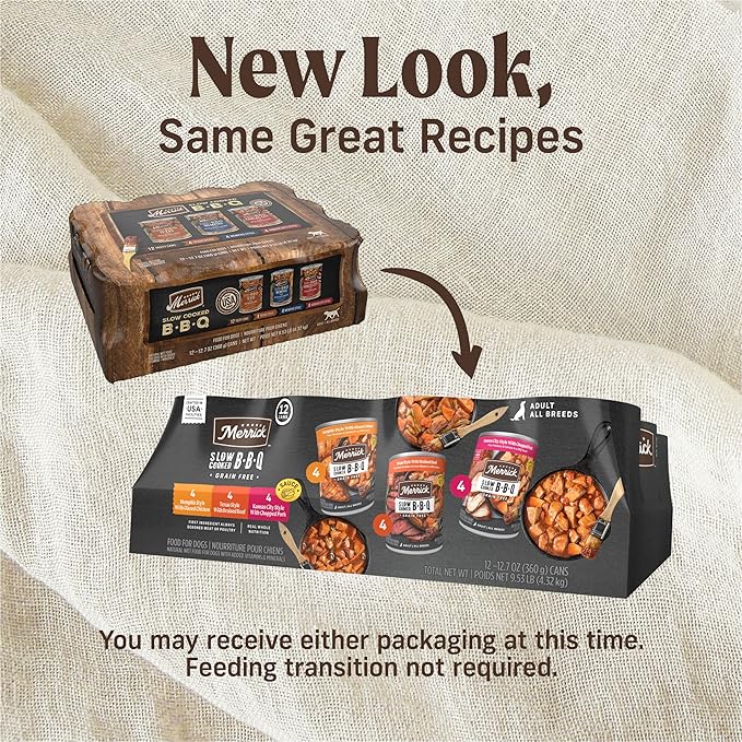 Merrick Slow-Cooked BBQ Premium Real Meat Canned Wet Dog Food Variety Pack, Beef, Chicken And Pork Recipes - (Pack of 12) 9.5 lb. Cans