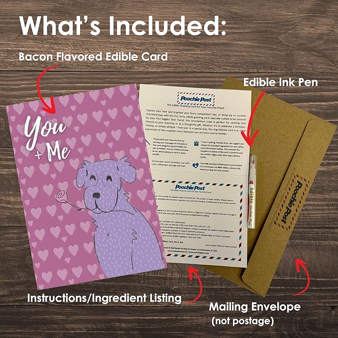 Poochie Post Holiday Edible Greeting Card for Dogs, Bacon-Flavored Valentine's Day Dog Treat Gift with Edible Ink Pen, "You + Me" Design, Gluten & Grain Free, Made in USA