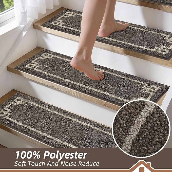BEQHAUSE Stair Treads for Wooden Steps Non Slip Washable 15Pack Carpet Stair Treads with Reusable Residue Free Backing Soft Polyester Stair Rugs Indoor for Kids Elders and Dogs 9”x28”,Brown