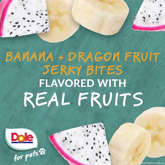 Dole for Pets Fruit Jerky Bites Dog Treats, Banana and Dragon Fruit Flavor, Chewy Treats Flavored with Real Fruit, No Wheat, Corn, Soy, Artificial Flavors, Colors, or Preservatives, 6 Oz