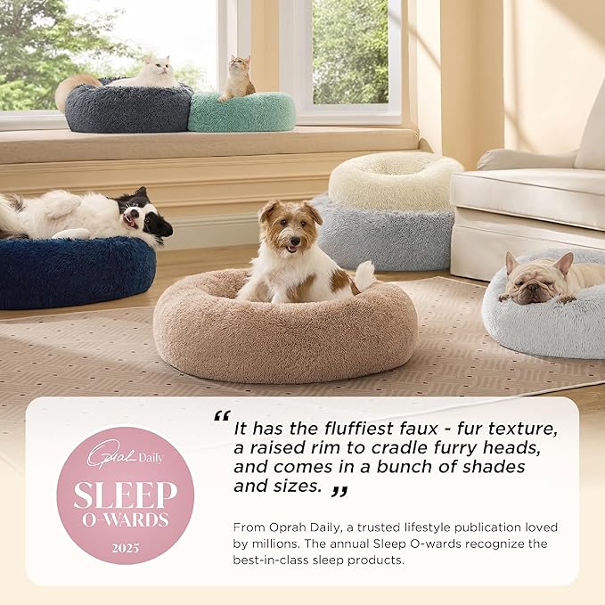 Bedsure Calming Dog Bed for Large Dogs - Donut Washable Large Pet Bed, 36 inches Anti-Slip Round Fluffy Plush Faux Fur Dog Bed, Fits up to 80 lbs Pets, Frost Grey