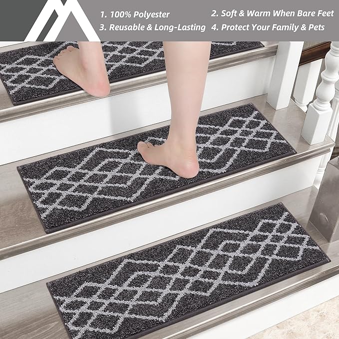 COSY HOMEER Soft Stair Treads 15pcs Non-Slip Carpet Mat 28inX9in Indoor Stair Runners for Wooden Steps,Stair Rugs for Kids and Dogs, 100% Polyester TPE Backing Black,Rhombus