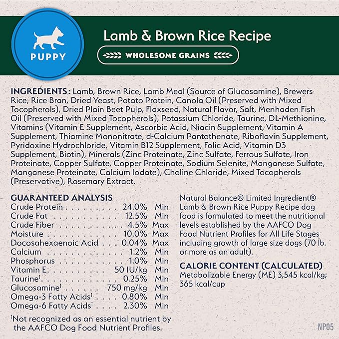 Natural Balance Limited Ingredient Puppy Dry Dog Food with Healthy Grains, Lamb & Brown Rice Recipe, 24 Pound (Pack of 1)